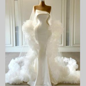 Fashion New Modest Satin Mermaid Dresses With Wrap Ruffles Tulle Strapless Bohemian Wedding Dress Birdal Gowns Vestido De Novia