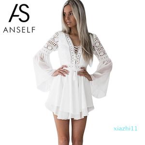 Wholesale long white dresses for sale for sale - Group buy Hot Sale Hollow Out White Sexy Women Mini Chiffon Criss Cross Semi sheer Plunge V Neck Long Sleeve Crochet Lace Dress Black