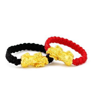 Ren 24k gul guldring 3D 999 Gold Pixiu Dragon Son Red String Weave Ring (all storlek kan skräddarsy)