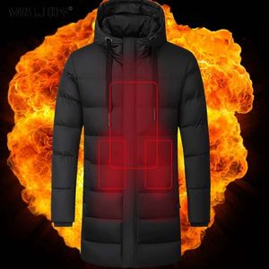 Куртки с подогревом Мужчины Puffer Parka Зима Держите теплое длинное пальто с капюшоном черным пухом хлопок траншею USB Thermostat походная одежда