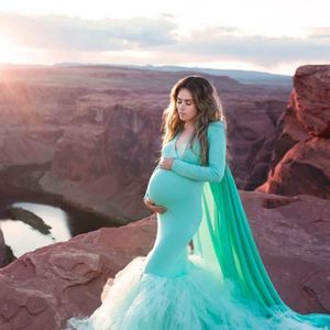 New Arrival Chic Mermaid Maternity Suknie Wieczorne 2020 Kobiety z Cloak Tulle Ruffles Puffy Mermaid Party Suknie Photo Sheet Shoot Dostosowane