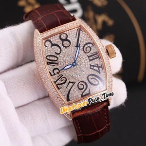 Neue 42 mm Crazy Hours 7851 8880 Automatik-Gypsophila-Diamant-Zifferblatt, Roségoldgehäuse, Herrenuhr, braunes Lederarmband, Herrenuhren Pure_time