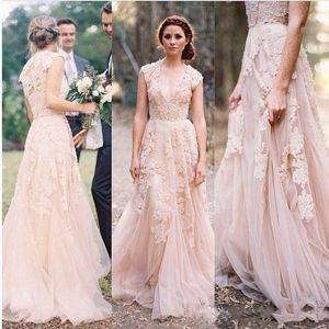 Boho Blush Pink Delicate Lace A Line Wedding Dress 2022 Deep V Neck Romantic Reem Acra Tulle Bridal Gowns Vintage Country Garden Long Bride Reception Dresses