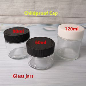 Packing Glass Jar 60 ml 90 ml 120 ml barnburkar bevis CAP Vit eller svart lock koncentrat behållare torr örtblomma lukt GL Makeup Box