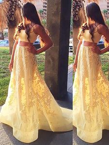 New Customize Two Pieces Yellow Prom Dresses robe de soiree A-Line Lace Long Prom Dress Party Evening Dress