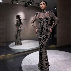 Gorgeous Newest Mermaid Evening Dress High-neck Sliver Appliqued Tassel Formal Prom Dress Luxury Long Sleeves Runway Fashion Dress