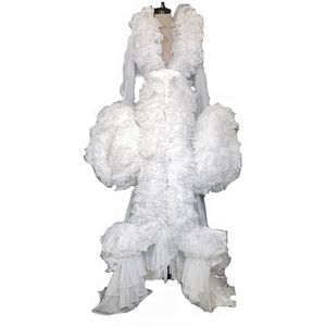 Beyaz Ruffles Tül Uzun Kollu Kadın Kış Kimono Hamile Parti Pijama Annelik Bornoz Sırf Gecelik Fotoğrafçılık Elbise Robe Shawel