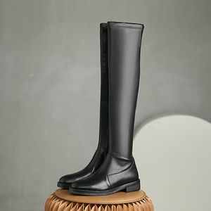 Einfache, beliebte Stretch-Stiefel aus gemischtem Leder, runde Zehen, dicke Absätze, Herbst-Winter-Damen, warme, feste Overknee-Stiefel