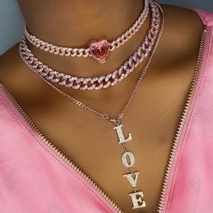 Romantisk Rosa Iced Out Big Heart Chokers Halsband Rose Gold Silver Color Cuban Link med Cubic Zirconia Chain Women Neck Smycken