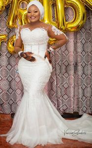 2020 Plus Size Arabic Aso Ebi Lace Beaded Mermaid Wedding Dresses Sheer Neck Bridal Dresses Long Sleeves Wedding Gowns ZJ044