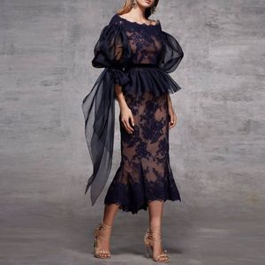 New Customize Lace Navy Blue Evening Dresses Peplum Sheer Sleeves Appliques abendkleider Mermaid Lace Elegant Evening Gown