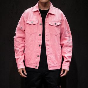 Kurtki męskie kurtka dżinsowa z dziurami męskie poszarpane dżinsy kowbojskie Bomber płaszcz męski Slim Fit solidne płaszcze casualowe bawełna czerwony Plus rozmiar 5XL