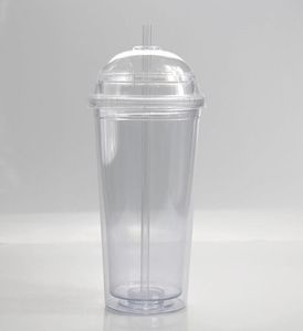 Fedex! 20oz akryl klara tumblers med kupol lock halm plast dricksvattenflaskor dubbel vägg kaffe mjölk koppar A12