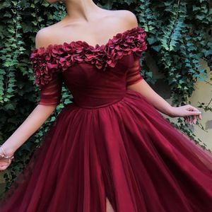 Muçulmano Vestido querido 3/4 mangas Tulle Flor vestidos Zipper Voltar Longo longo até o chão vestidos de noite