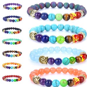 7 Chakra Bracelet Men Black Lava Cura Balancear Fios de Contas Reiki Buda Praças de ioga de Pedra Natura