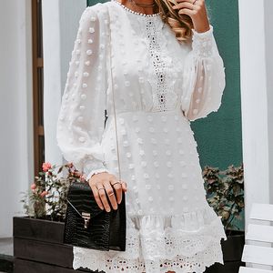 Paris Girl Women Long Puff Sleeve Dots Vintage Sexy White Lace Short Dresses Female Luxury Slim Party Mini Dress Vestidos