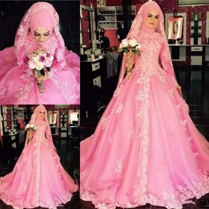 Muzułmańskie Modest Suknie Ślubne Suknie Ślubne Długie Rękawy Koronki Aplikacja Suknie Ślubne Sweep Train Robe de Mariée