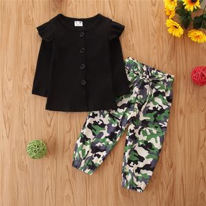 Vår Höst Nyaste Infant Kids Girls Short-Sleeved Byxor Suit Fashion Single-Breasted T-shirt och Elastic Camouflage Mönster Långbyxor