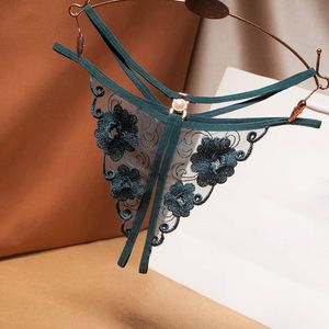 Flower embroidery panties Women's underwear Sexy lingeries Hollow transparent mesh Thong Open crotch temptation low waist G-String pants