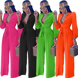 Jumpsuits das mulheres macacão de mulheres macacão de manga completa Botão de colarinho com cinto escritório senhora bodysuit geral romper atacado gota