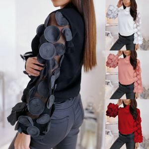 여성 터틀넥 메쉬 꽃 장롱 슬리브 스웨터 탑 풀오버 블라우스 셔츠