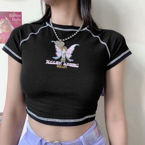 2020 E-Girl Butterfly Graphic och Letter Printing Stitch Green Crop Tops Y2K Summer Grunge Style O-Neck Kortärmad T-shirts