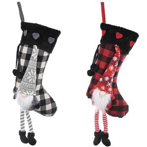 Buffalo Plaid Christmas Stockings Swedish Santa Gnome Xmas Sock Fireplace Hanging Decorations Kids Gift Bag JK2008XB