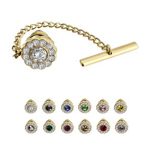 New Arrive Mens Flowers Tie Tack with Chain 12 Colors Crystal Shirt Jewelry Fashion Tie Pin Wedding Gifts Free Shipping