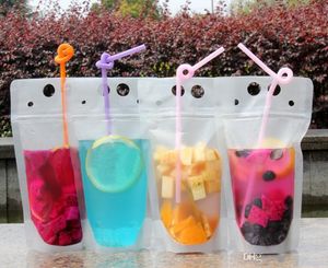 Clear Drink Pouches Bags frosted Zipper Stand-up Plastic Drinking Bag with straw with holder Reclosable Heat-Proof 500ml Free ship