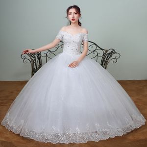 新しい到着の春の白いレースの袖のウェディングドレス2020韓国風のアップリケvestidos de Noiva Sexyボートネックブライダルドレス