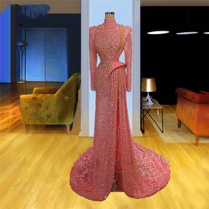 Rosa Beads alta Neck elegante vestido de noite mangas compridas Prom Dresses Dubai Mermaid Mulher Robe Party Night Turco