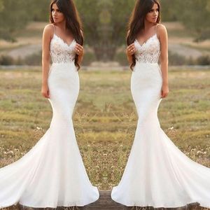 Yeni Geliş Ülke Denizkızı Gelinlik Spagetti sapanlar Backless Sweep Tren Dantel Aplikler Gelinlik Gelinlik vestidos