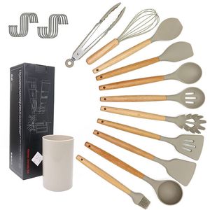 11PCS Silicone Cooking Utensils Set Non-stick Spatula Shovel Wooden Handle Cuisine Tool Sets With Storage Box Kitchen Tools BH4111 TYJ