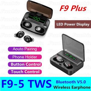 F9-5 TWSボタン/タッチスタイルのBluetoothイヤホンイヤーブードステレオスポーツヘッドフォン充電ボックスLEDディスプレイのiPhoneのAndroid用