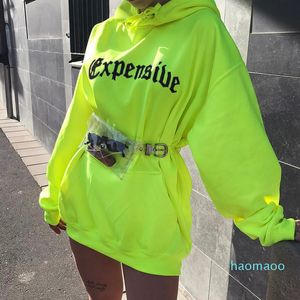 Fashion-Spring Autumn Women Casual Bluza Modna Luźna Pocket Str Z Kapturem Neon Zielony List Drukuj Długie Rękawice Ubrania