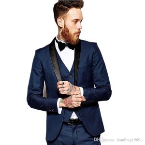 Classic Style Slim Fits Dark Blue Groom Tuxedos Shawl Lapel Man Work Business Suit Blazer Coat Suits (Jacket+Pants+Vest+Tie) H:601