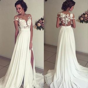 Strand Bröllopsklänningar En linje för Kvinnor Cap Sleeve Chiffon Lace Slit Side Dubai Arabiska Boho Bröllopsklänning Bridal Klänningar Vestido de Noiva