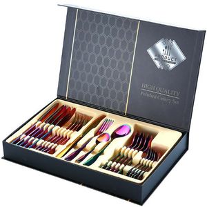 24pcs Colorful 1010 Stainless Steel Cutlery Set Tableware Non-fading Flatware Dinner Set Hotel Party Kitchen Gift Box
