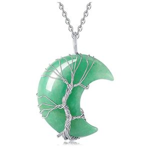 Wholesale Silver Plated Wire Wrap Crescent Moon Pendant Many Colors Quartz Stone Necklace Classic Style Jewelry