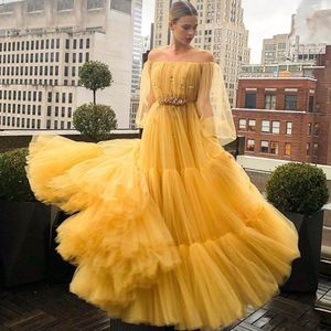 Bright Yellow Evening Dress Tiered Skirt Bead Waist Girl Prom Gown Tulle Long Sleeves Off Shouler Formal Party Dress A line