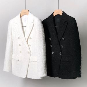 Spring Autumn New Women's Turn Down Collar Solid Color Double Breasted Tweed Woolen Loose Coat Blazer Long Casacos SMLXL