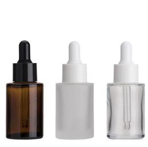 30 ml cam şişe düz omuz buzlu temizle amber cam yuvarlak uçucu yağ serum şişe cam damlalıklı ambalaj şişeleri GGA3637