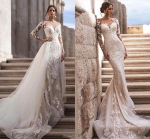 Modest Illusion Long Sleeves Lace Wedding Dress 2021 With Detachable Skirt Tulle Beach Wedding Bridal Gowns Robe de mariee