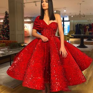 Red One Shoulder Sequined Prom Dresses Ruched Tea Length Evening Gowns Zipper Back Cocktail Formal Party Dress Cheap Vestidos274K