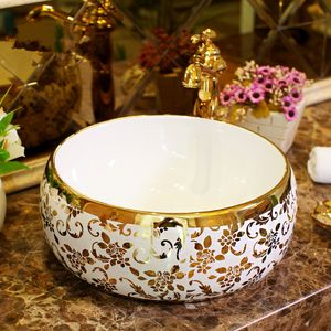 Wholesale vanity counter resale online - Europe Vintage gold Ceramic Art Basin Sinks Counter Top Wash Basin Bathroom Vessel Sink vanities fancy wash basin bathroom sink