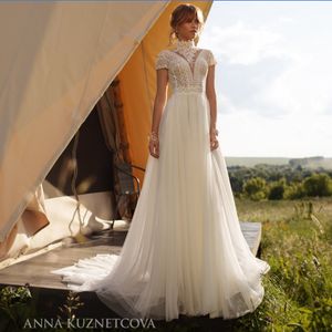 Vestidos de casamento renda alta pescoço manga curta uma linha floral boêmio praia robes vestidos de noiva