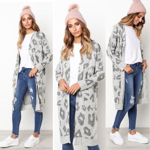 Kvinnor Långärmade Tröjor Leopardtryck Stickning Cardigan Open Front Warm Sweater Outwear Slim Coats med Ficka