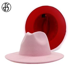 FS 60cm hattar för kvinnor bred rand Fedora jazz hatt rosa röd patchwork ull filt panama trilby cowboy cap elegant dam kyrka hattar cx200819
