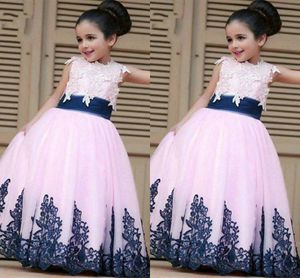 2022 Sweety Pink Navy First Communion Dresses Cap Sleeve Applique Pleated Lace Tulle Flower Girl Dress For Wedding Kids Party Prom Evening