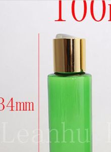 Bottiglie di lozione per shampoo in plastica verde di alta qualità da 100 ml con tappo superiore a disco dorato, bottiglia di sapone in PET da 100 cc